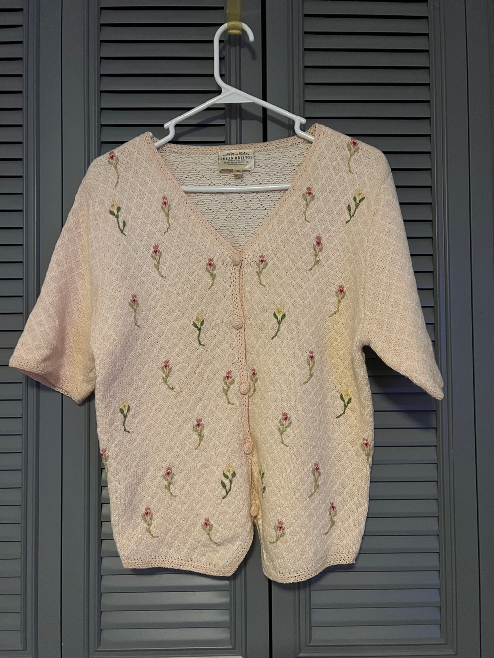 Vintage 1991 Susan Bristol : Pink Cardigan Hand Embroidered Flowers - SM